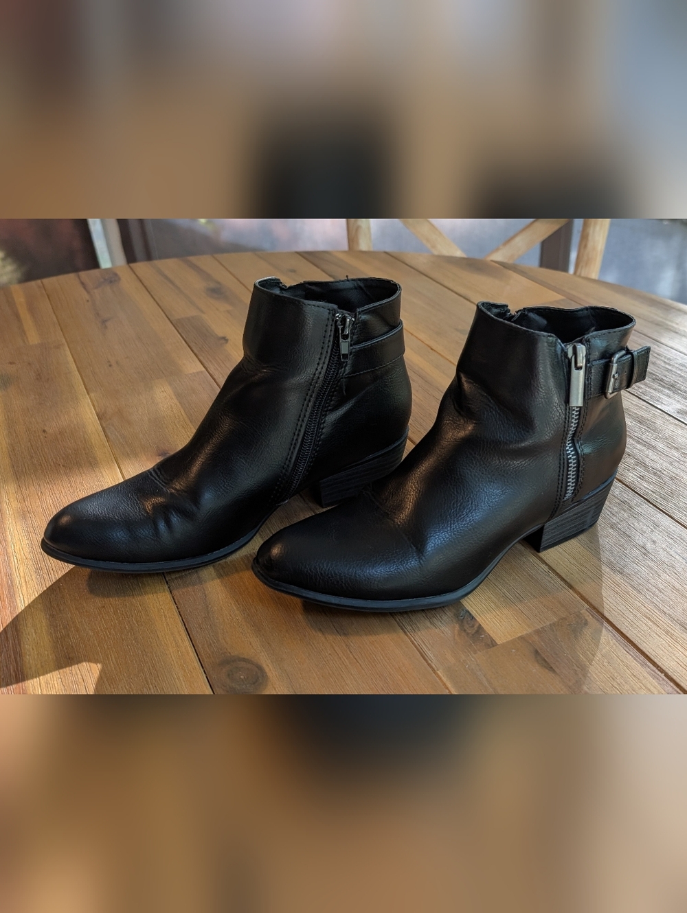 Esprit Black Leather Ankle Booties with Side Zip & Buckle